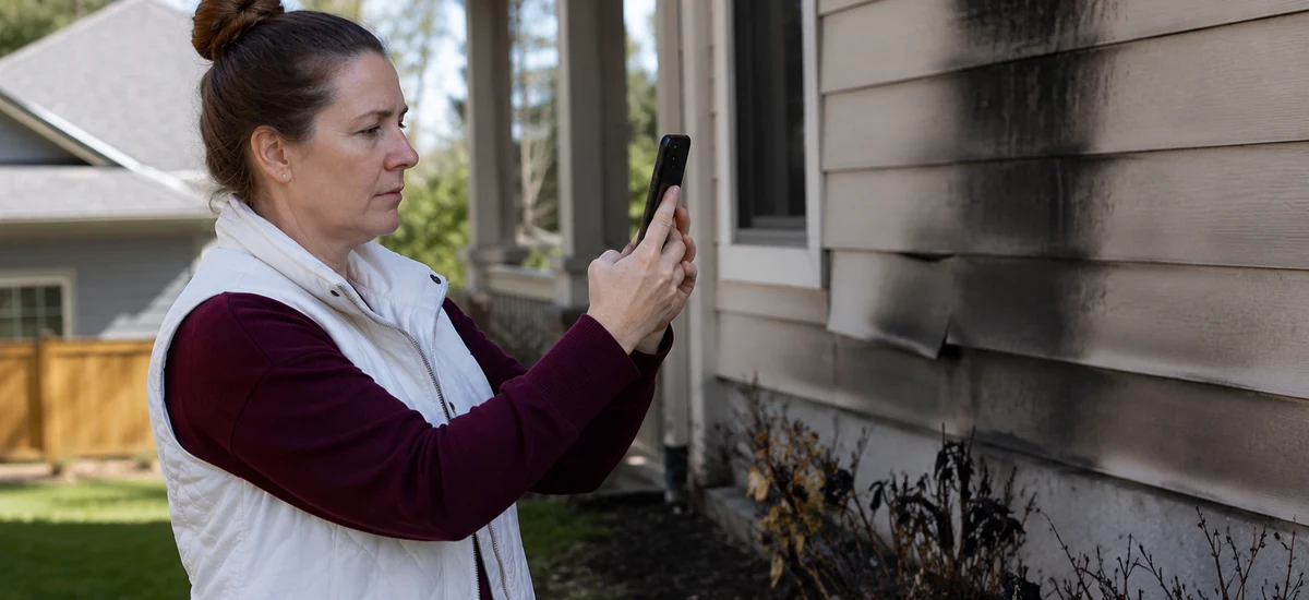 Mujer fotografiando con el móvil la fachada de su vivienda dañada por el incendio, documentando los daños para la indemnización del seguro