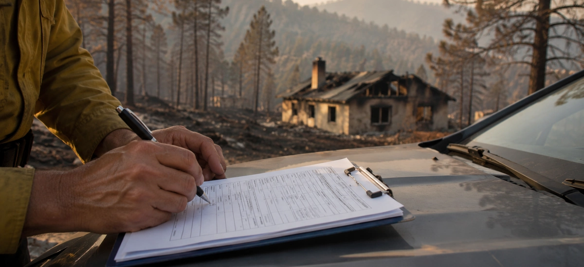 Reclamación de daños al seguro tras el incendio en zona catastrófica, con vivienda calcinada de fondo