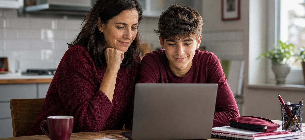 Madre e hijo revisando en el portátil una compra online de material escolar para conocer sus derechos como consumidores