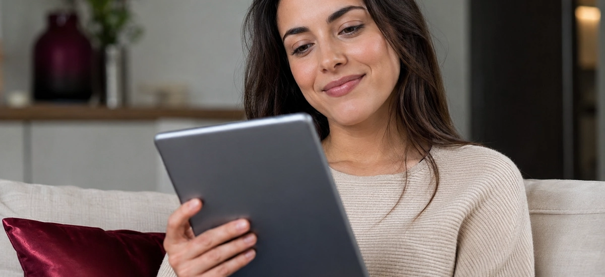 Mujer comprobando la garantía legal de tres años de un dispositivo electrónico comprado para la vuelta al cole