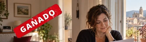 Trabajadora en su salón leyendo la resolución sobre su incapacidad permanente junto a la ventana