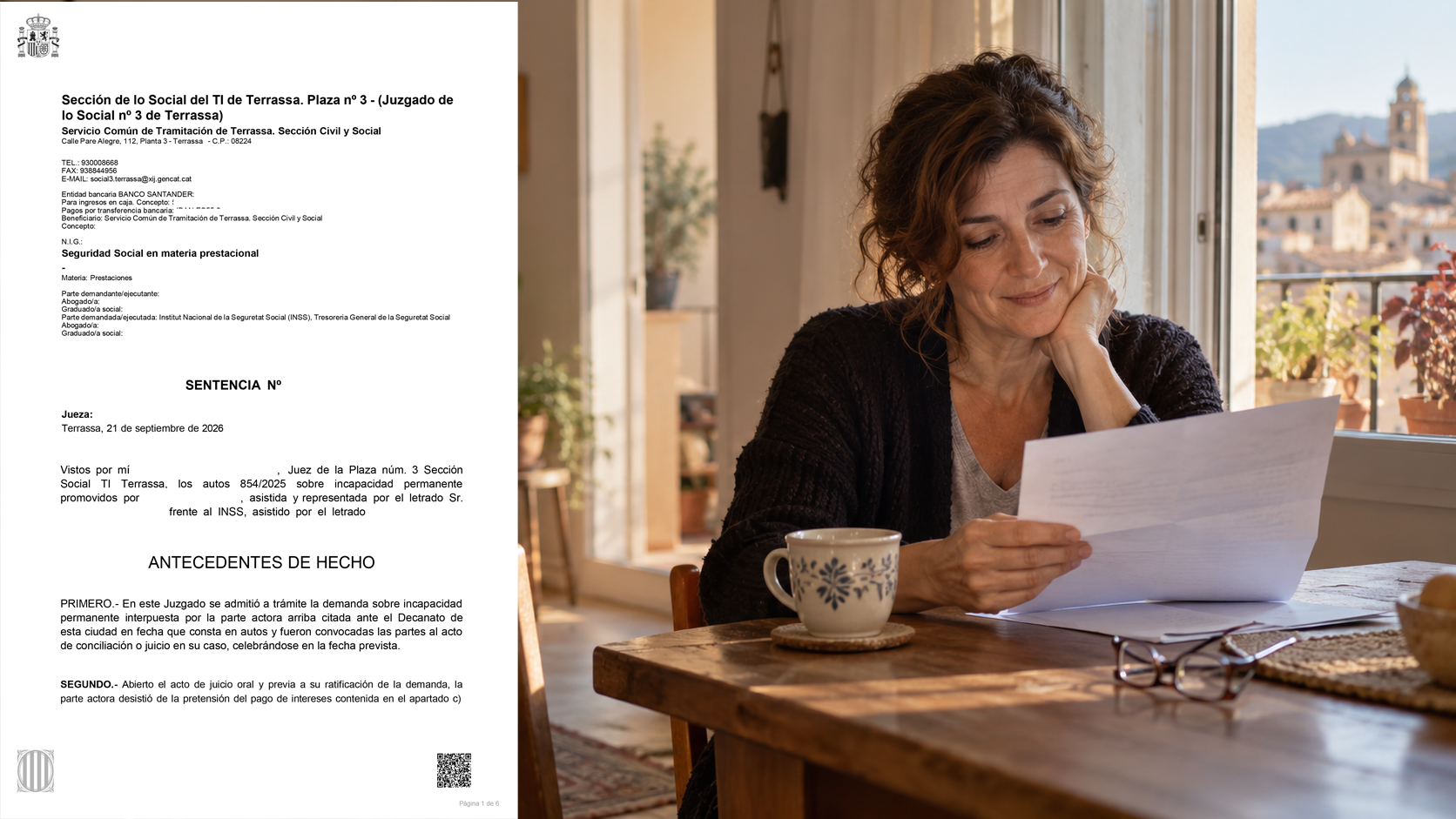 Mujer leyendo con calma una carta de la Seguridad Social en la mesa de su casa, tras mantener la incapacidad permanente absoluta en la revisión por mejoría