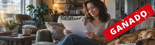 Mujer con documento y té en el sofá