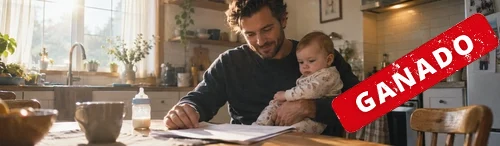 Padre con bebé revisando documento en la cocina