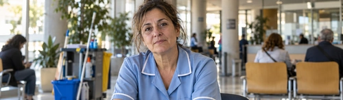 Incapacidad permanente absoluta por salud mental: mujer con uniforme de limpieza junto a su carrito y una carpeta de informes médicos en una sala de espera.