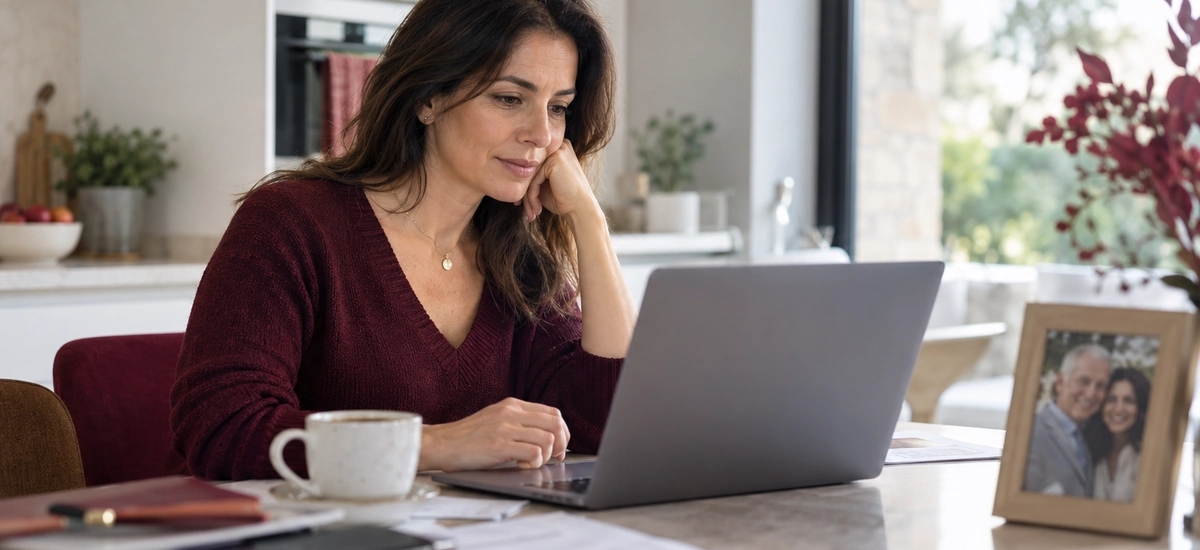 Mujer revisando en su portátil qué pasa con la cuenta bancaria de un fallecido, junto a una foto enmarcada de su padre y una taza de café