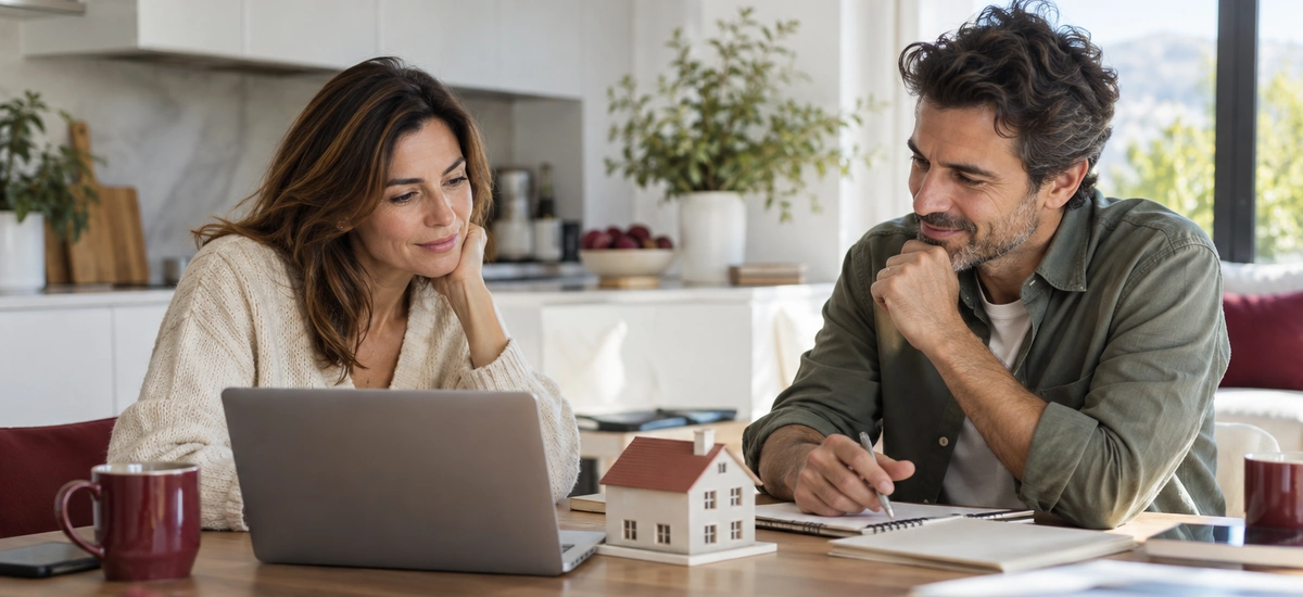 Pareja revisando en un portátil, con una pequeña maqueta de casa sobre la mesa, quién se queda con la casa hipotecada en un divorcio