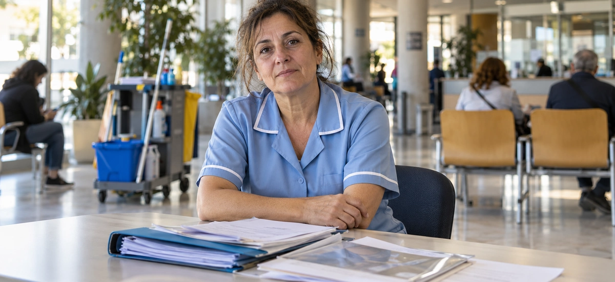 Trabajadora de limpieza con uniforme azul sentada ante una mesa con una carpeta de informes médicos en una sala de espera de un edificio público, sobre la incapacidad permanente absoluta por salud mental.