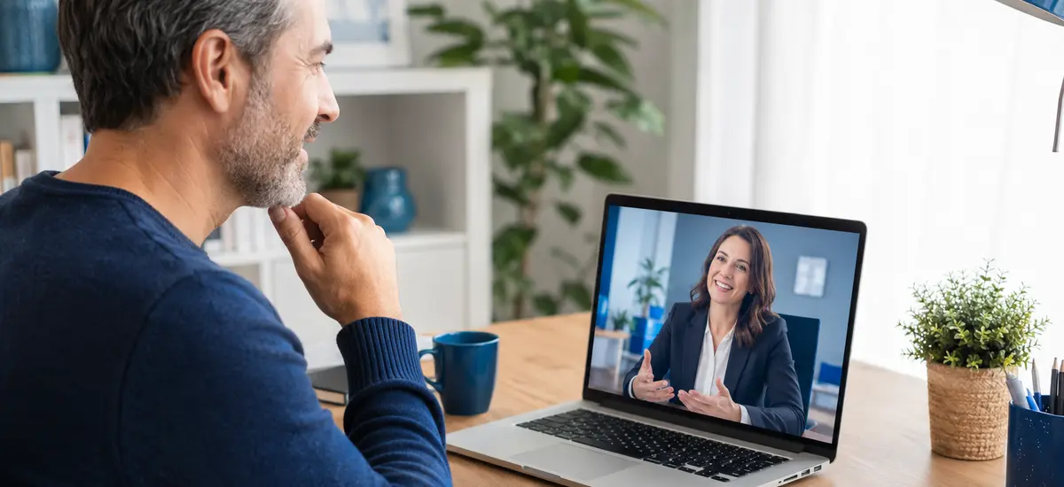 Trabajador consultando por videollamada con una abogada laboralista