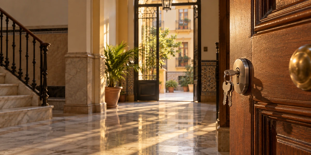Cerradura de una vivienda española con luz cálida, simbolizando la diferencia legal entre okupa e inquiokupa