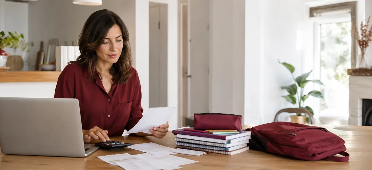 Madre revisando los gastos escolares incluidos en la pensión de alimentos