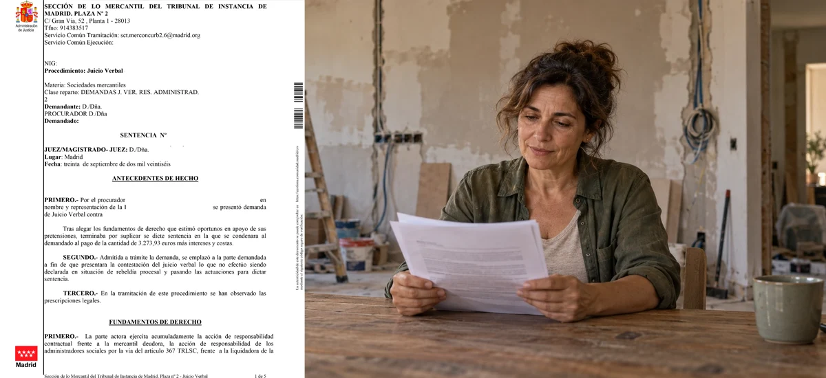 la clienta en su vivienda con la reforma sin terminar y la sentencia en la mano