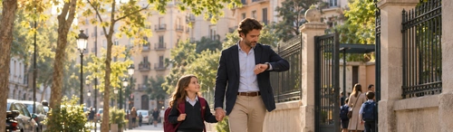 Niña con uniforme y mochila paseando de la mano de su padre, que consulta el reloj, por una calle arbolada junto a un colegio, a primera hora y con una adaptación de jornada por conciliación