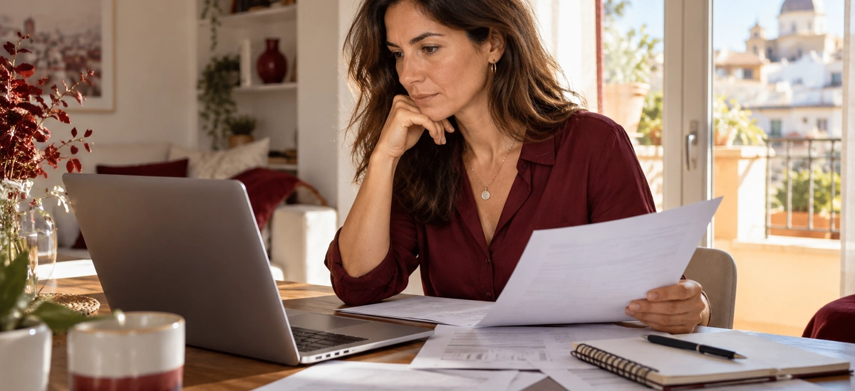 Mujer revisando en casa los extractos de su cuenta con un portátil y un cuaderno para reclamar comisiones bancarias